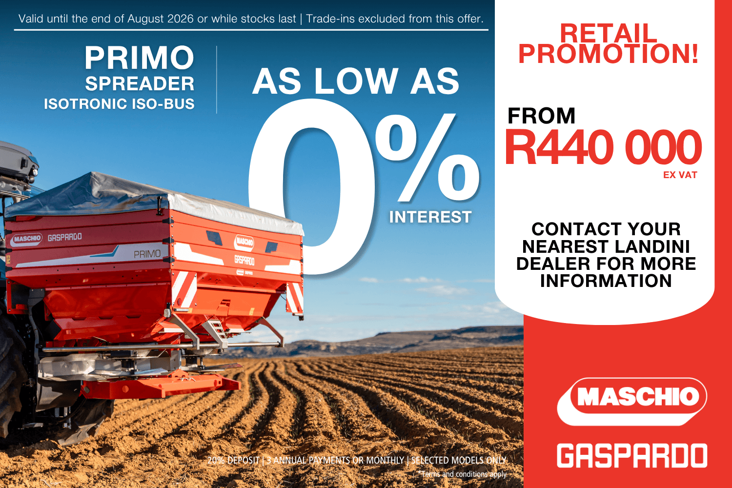 Maschio Gaspardo Primo Spreader promotion with finance from as low as 0% interest